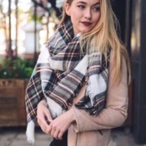 BLANKET SCARF Lightweight Plaid Gauze, Red and Tan